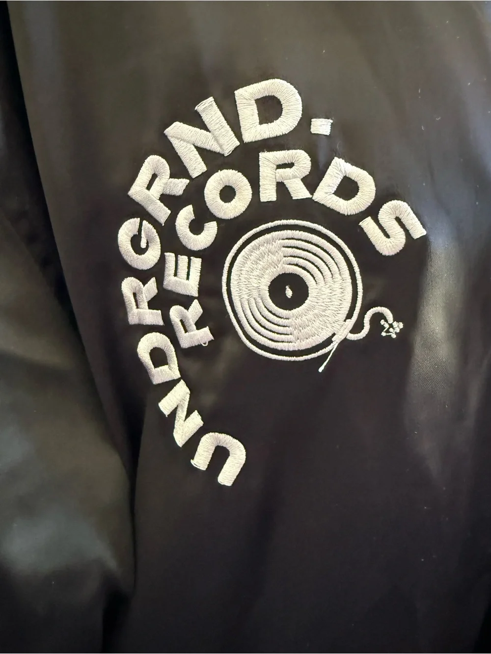 PacSun Black Satin 'UNDRGRND Records' Bomber Jacket with White Embroidery